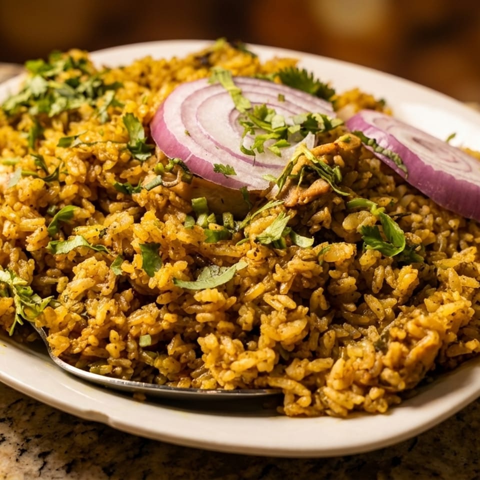 Plate of spiced golden rice garnished with cilantro and red onion slices, served with a spoon on a granite countertop.