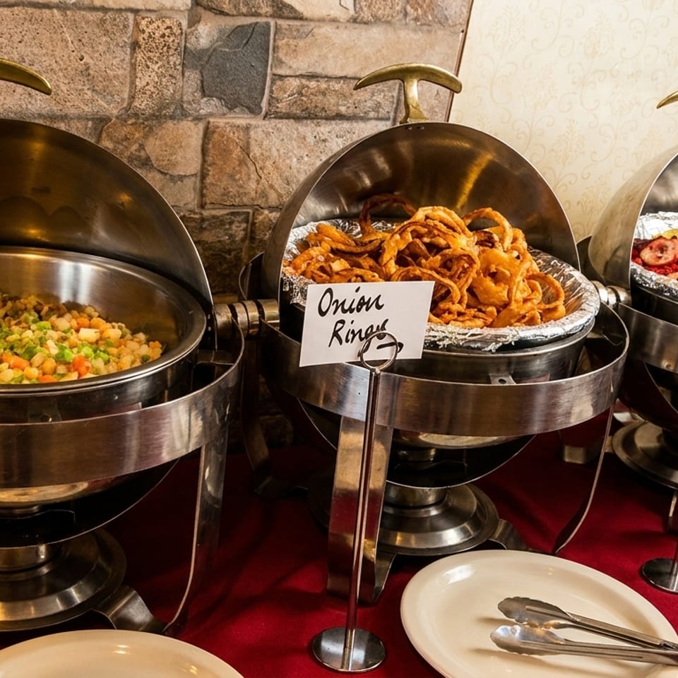 Buffet chafing dishes labeled chana chaat, onion rings, and tandoori chicken sit on a red tablecloth.