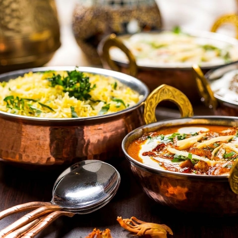 Copper serving bowls hold fragrant rice and richly spiced curries garnished with herbs, surrounded by ornate tableware and dried flowers.