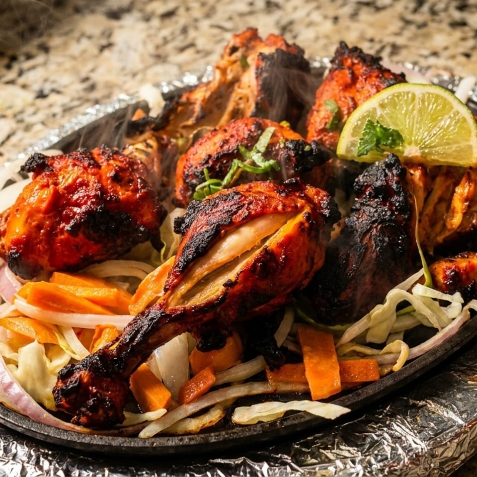 A sizzling platter of charred tandoori chicken served with sliced onions, cabbage, carrots, herbs, and lime.