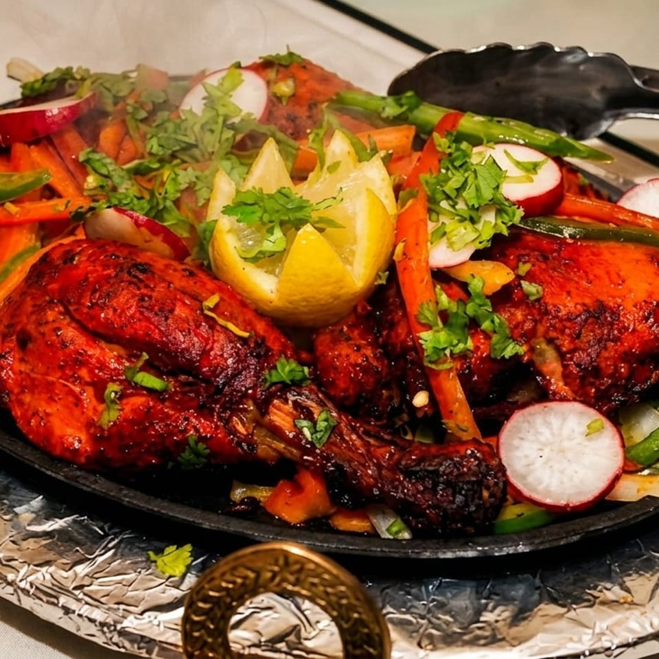 Sizzling platter of red-spiced grilled chicken with peppers, carrots, radishes, cilantro, and lemon wedges.