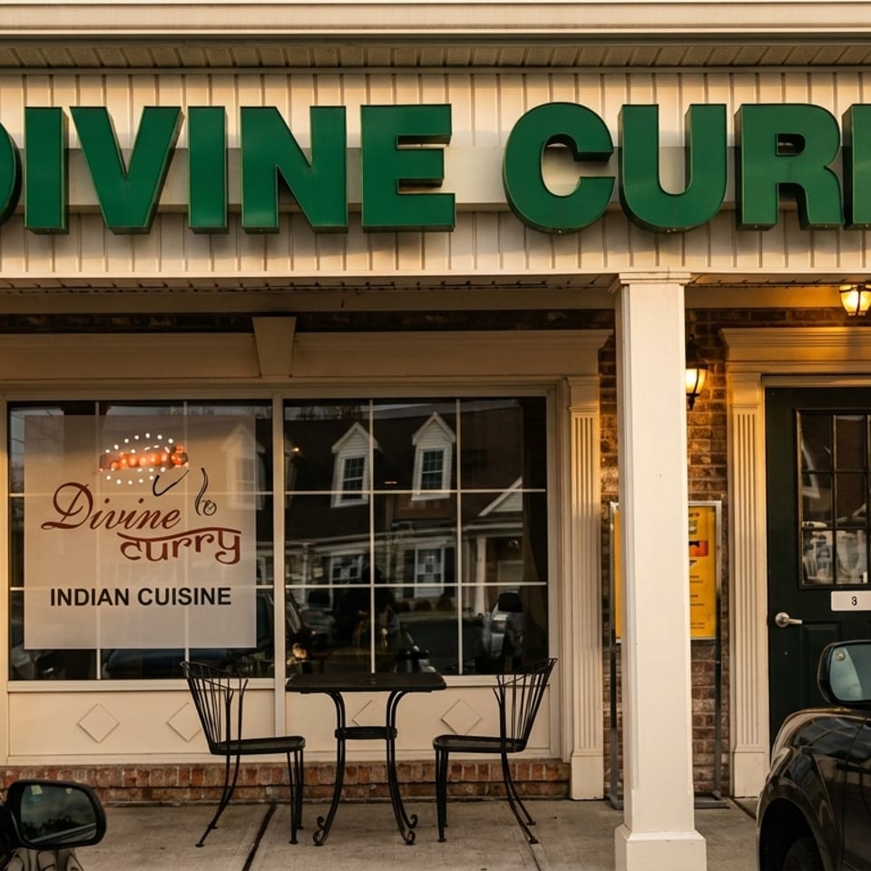 Exterior of Divine Curry Indian restaurant with large green signage, storefront window, entrance, and outdoor café seating.